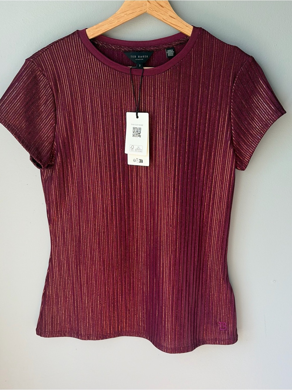 NWT Ted Baker Women’s Sparkle Dark Red Katrino Metallic Fitted T-shirt Size 2